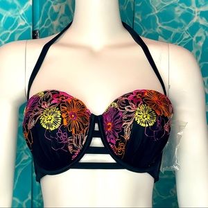 Embroidered Floral Black Convertible Strapless Halter Bikini Top NWT 32C to 40C